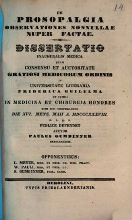 De prosopalgia observationes nonnullae nuper factae : Diss. inaug. med.