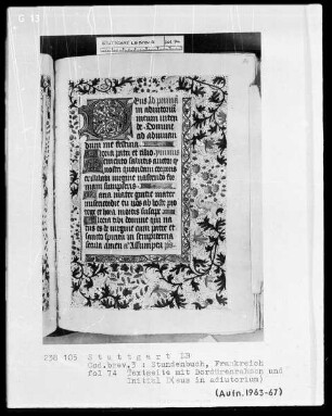 Stundenbuch — Initiale D (eus in adiutorium) und Vollbordüre, Folio 74recto