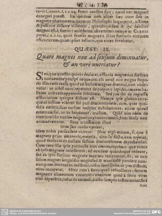 QUAEST. IX. Quare magnes non sed sensum diminuatur, & an vere nutriatur?