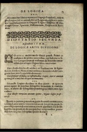 Disputatio Secunda. De Logicae Artis Divisione.
