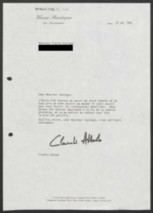Brief an Pierre Soulages, 31.05.1990