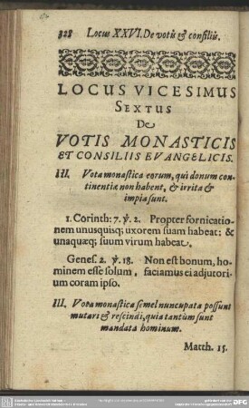 Locus Vicesimus Sextus De Votis Monasticis Et Consiliis Evangelicis