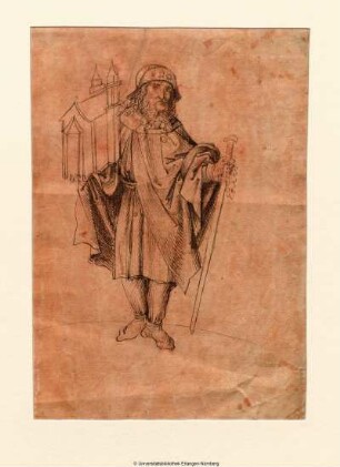 Der Heilige Sebaldus, mit einem Kirchenmodell auf seiner Rechten, in der Linken Pilgerstab und Rosenkranz