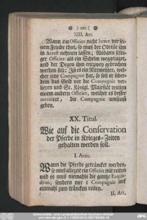 XX. Titul. Wie auf die Conservation der Pferde in Krieges-Zeiten gehalten werden soll.