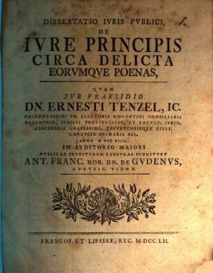 Dissertatio inauguralis iuridica de iure principis circa delicta eorumque poenas