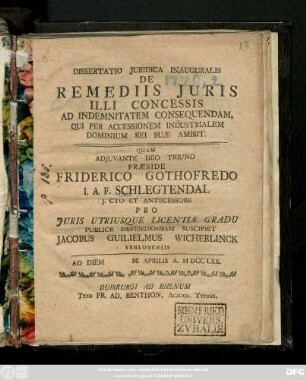 Dissertatio Juridica Inauguralis De Remediis Juris Illi Concessis Ad Indemnitatem Consequendam, Qui Per Accessionem Industrialem Dominium Rei Suae Amisit