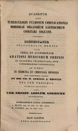 Quaeritur, quae tuberculosin pulmonum complicationes morbosae organorum gastricorum comitari soleant : Diss. inaug. med.
