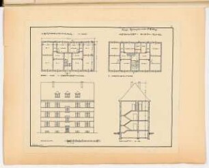 Eingebautes Wohnhaus Monatskonkurrenz November 1924: Grundriss Erdgeschoss (= 1. Obergeschoss), 2. Obergeschoss, Aufriss Straßenansicht, Längsschnitt 1:100; Maßstabsleiste