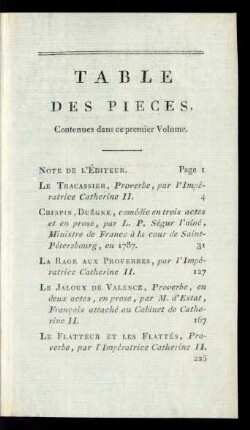 Table Des Pieces, Contenues dans ce premier Volume.