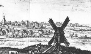 Prettin. Stadtansicht mit Bockmühle, Kupferstich, 1650, Ausschnitt