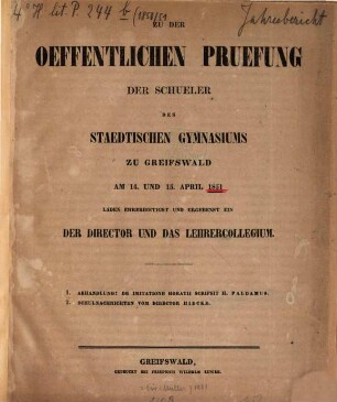 Zu der oeffentlichen Pruefung der Schueler des Staedtischen Gymnasiums zu Greifswald ... laden ehrerbietigst und ergebenst ein, 1850/51