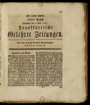 XXXItes Stück Dienstags, den 16. April 1765. - XLtes Stück Freytags, den 17. May 1765.