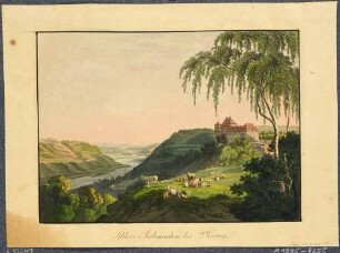 Das Schloss Siebeneichen südlich von Meißen, von Ernst von Miltitz, Blick ins Elbtal in südöstliche Richtung