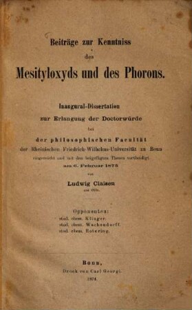 Beiträge zur Kenntniss des Mesityloxyds und des Phorons : (Doctordissertation)