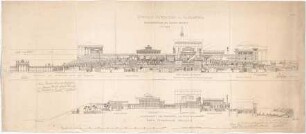 Thiersch, August ; Alexandria (Ägypten); Serapeum von Alexandria, Rekonstruktion des Sarapistempels - Ostseite (Ansicht); Erste Ptolomäische Neuanlage, Tempelhof von Süden nach Norden (Längsschnitt)