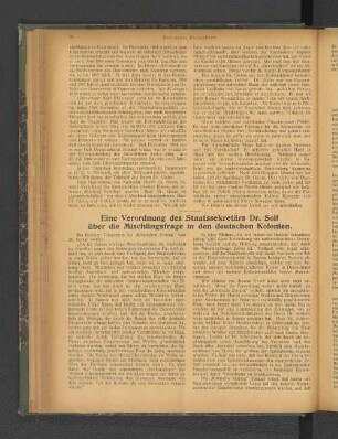 Eine Verordnung des Staatssekretärs Dr. Solf über die Mischlingsfrage in den deutschen Kolonien.