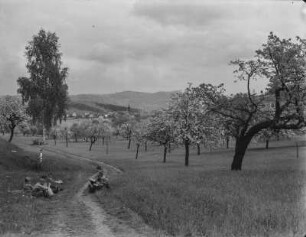 Obstwiese : Jungen rasten auf dem Weg durch eine Obstwiese in Zálezly