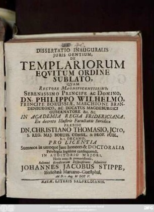 Dissertatio Inauguralis Juris Gentium, De Templariorum Eqvitum Ordine Sublato