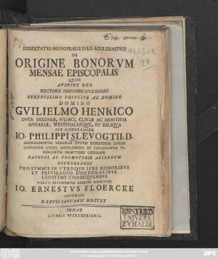 Dissertatio Inavgvralis Ivris Ecclesiastici De Origine Bonorvm Mensae Episcopalis