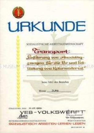 Urkunde "Beste Sozialistische Arbeitsgemeinschaft des Betriebes"