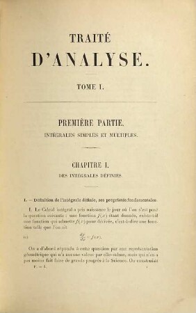 Traité d'analyse, 1. Intégrales simples et multiples, l'équation de Laplace et ses applications, développement en séries, applications géométriques du calcul infinitésimal