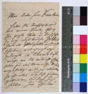 Brief des A. Dondorf an den Porträtmaler Wilhelm Kemlein mit Bitte um Geduld eine Glasplatte betreffend