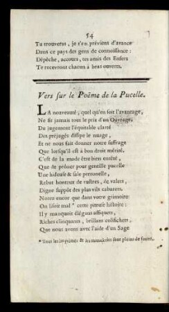 Vers sur le Poeme de la Pucelle