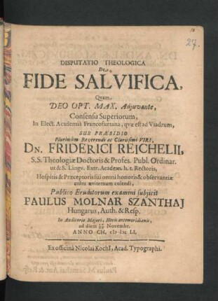 Disputatio Theologica De Fide Salvifica
