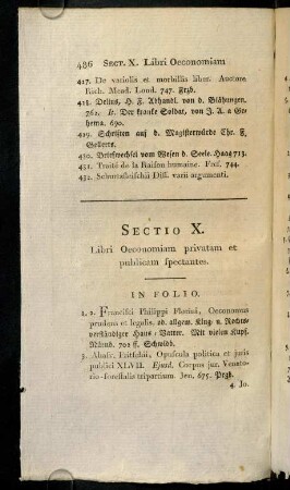 486-499, Sectio X. Libri Oeconomiam privatam et publicam spectantes. - Sectio XI. Libri ad artem musicam pertinentes.