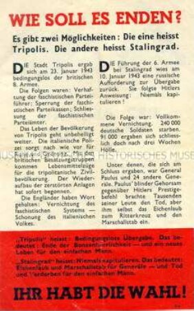 Illustriertes Abwurf-Flugblatt der Alliierten zu den Niederlagen der Wehrmacht in Nordafrika und bei Stalingrad