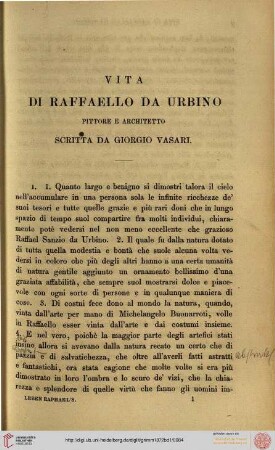 Vita die Raffaello da Urbino scritta da Giogio Vasari