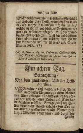 Am achten Tag. Betrachtung/ Von dem glückseeligen Tod der Heiligen Anna