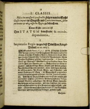 I. Classis Den Statum betreffendt/ & exinde dependentia