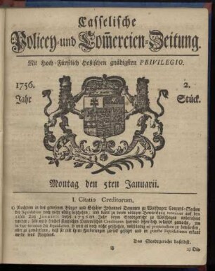 2. Stueck, Montag den 5ten Januarii 1756