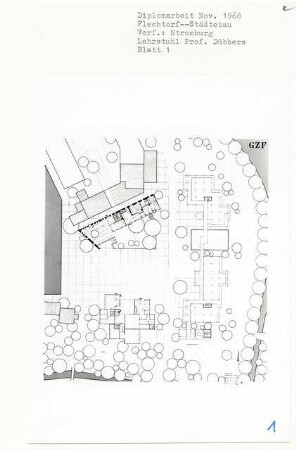Städtebau Flechtorf (Diplomarbeit bei Kurt Dübbers): Marktplatz, Lageplan und Grundriss Erdgeschoss 1:200