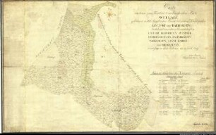 Landesaufnahme des Fürstbistums Osnabrück VII Amt Wittlage - Hunteburg Bl. 1 a Kirchspiele: Lintorf, Barkhausen Feldmark: Angelbeck Ortschaften: Lintorf, Heithöfen, Wimmer, Hördinghausen, Dahlinghausen, Barkhausen, Linne, Rabber, Brockhausen Reinkarte Teil 1 Ausf.-Art: Farbige Zeichnung auf Karton, auf Leinen aufgezogen Herst.: Johann Wilhelm Du Plat Herst.: Ruperti (Direktion: Johann Ludwig Hogreve) Format: ca. 70 x 110 cm Maßstab: 1 : 3 840