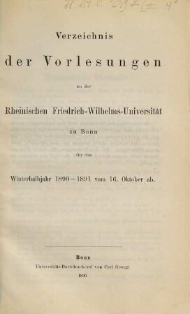 Vorlesungsverzeichnis für das .... 1890/91. WH