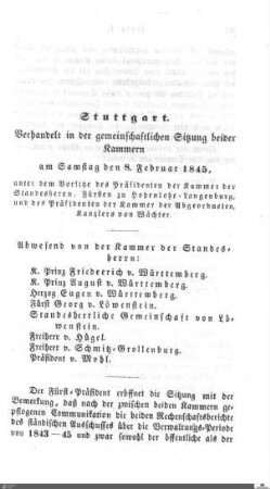 Gemeinschaftliche Sitzung, Stuttgart, 8.2.1845