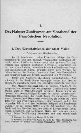 I. Das Mainzer Zunftwesen am Vorabend der französischen Revolution