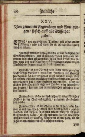XXV. Von gemeinen Argwohnen und Anzeigungen/ so sich auff alle Missethat ziehen. - XLIV. Von Zauberey/ genugsam Anzeigung.