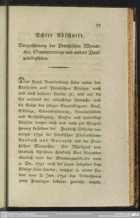 Achter Abschnitt.Vergrößerung der Preußischen Monarchie, Staatsverträge und andere Denkwürdigkeiten