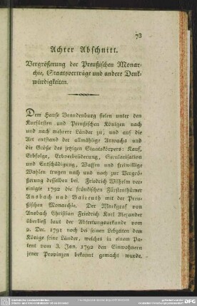 Achter Abschnitt.Vergrößerung der Preußischen Monarchie, Staatsverträge und andere Denkwürdigkeiten