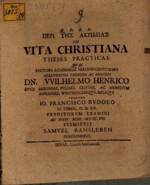 Peri Tēs Akribeias In Vita Christiana Theses Practicae