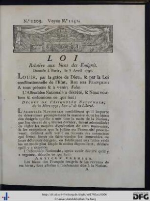 Loi Relative aux biens des Emigrés.