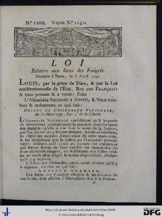 Loi Relative aux biens des Emigrés.