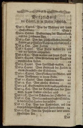 Verzeichniß der Capitel, so im Mahler befindlich. - Register der Capitel, welche im Kunst-Cabinet anzutreffen.