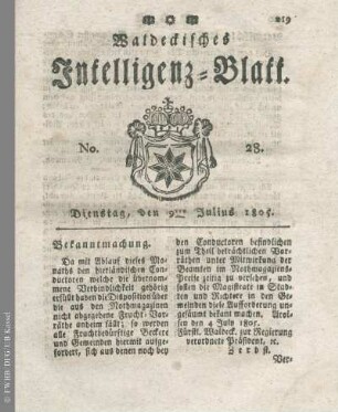 No. 28, Dienstag, den 9ten Julius 1805