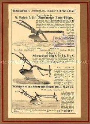 Einzelblatt aus einem Werbeprospekt der Firma Ph. Mayfarth & Co. zu drei verschiedenen Pflügen