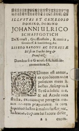 Illustri Et Generoso Domino, Domino Johanni Ulrico Schaffgotsch [...]