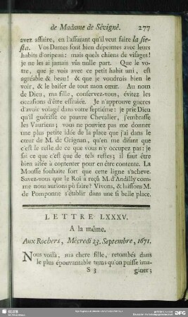 Lettre LXXXV. A la même. Aux Rochers, Mécredi 23. Septembre, 1671
